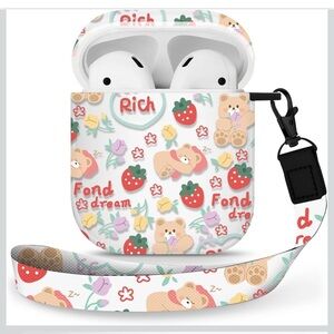 AirPods 1st&2nd Generation Charging Case Cover Bear & Strawberries Lanyard